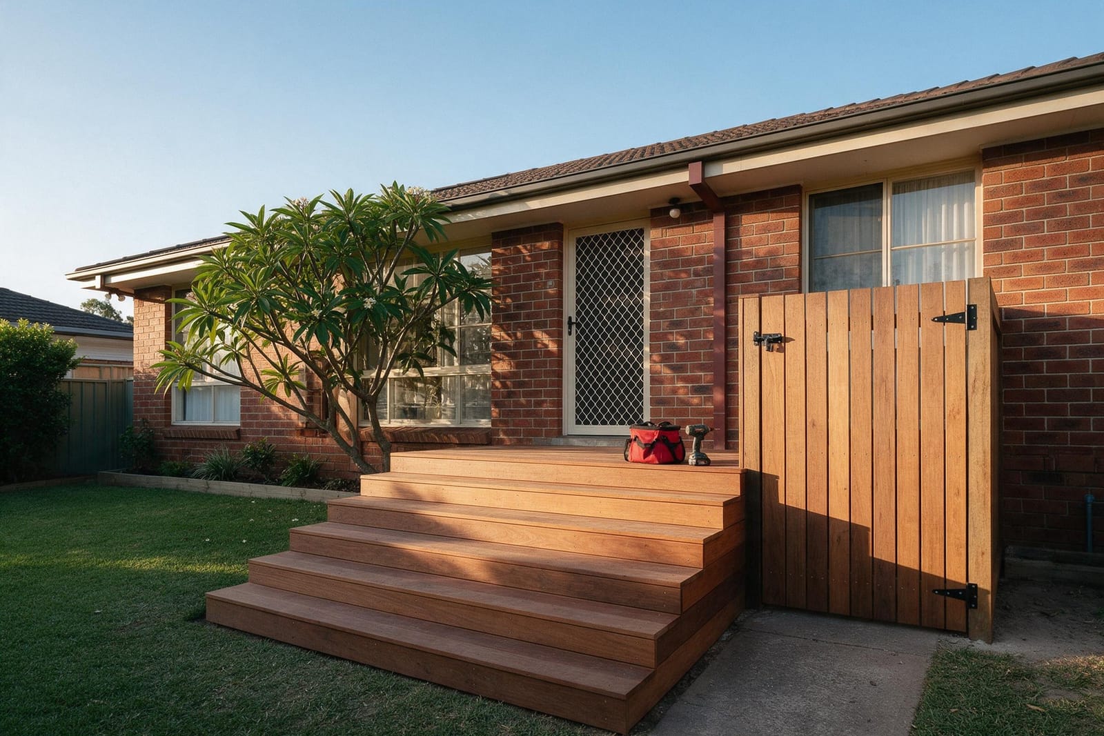 New hardwood front steps and a new timber side gate on a red-brick house in Bankstown, with a tool bag on the top step.