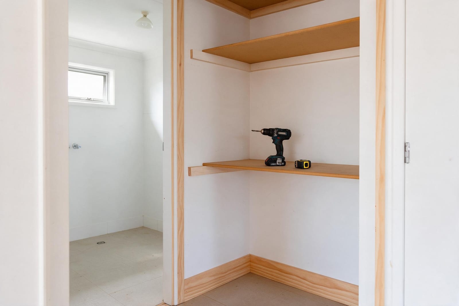 New painted timber shelves built into a laundry alcove, with a drill and tape measure on a shelf.